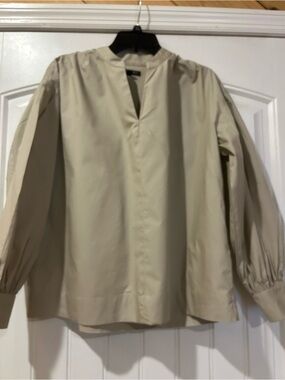 Long Sleeve Collarless Tunic Shirt in Beige